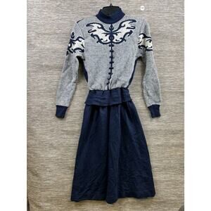 Vintage Ciao Wool Sweater Dress Womens Size 6 Blue Striped Mock Neck Long Sleeve